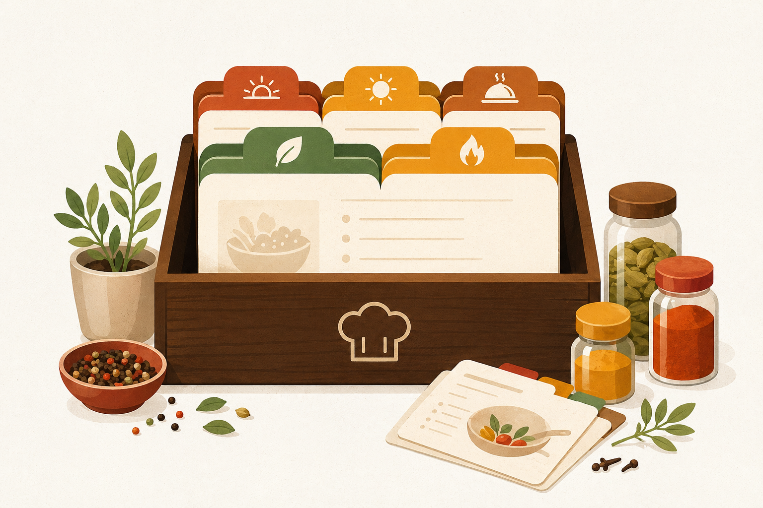 Illustration of chef recipe collections in a tabbed recipe box