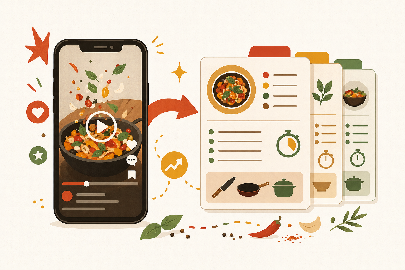 Illustration of a social cooking video becoming structured recipe cards
