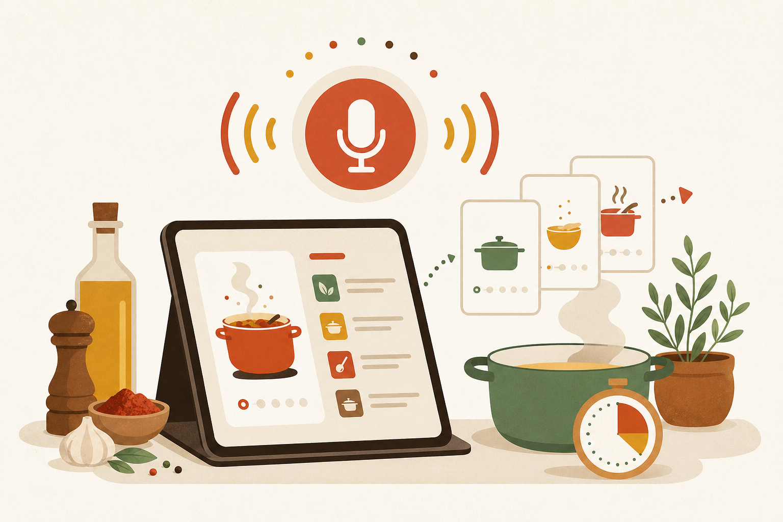 Illustration of voice-guided cooking with timers and recipe steps